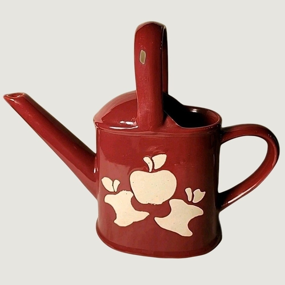 VTG '98 Country Ceramic Watering Can HERMITAGE POTTERY Red Apple Rare Rustic
